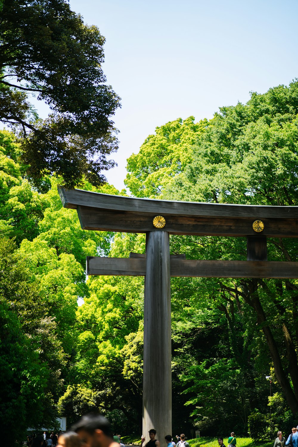 a large wooden gate in the middle of a park