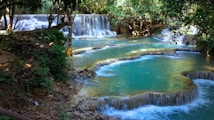 A serene natural landscape featuring a series of cascading waterfalls flowing into turquoise pools surrounded by lush greenery. The vibrant foliage and sunlight filtering through the trees create dappled shadows on the water's surface, enhancing the tranquil atmosphere.