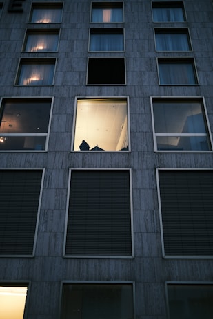 a tall building with several windows and a person standing in the window