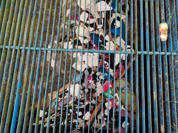 A collection of debris is trapped under a series of blue metal bars which are part of a grate. Various types of trash, including plastic bottles, cups, and other refuse, are visible. The debris appears to be accumulating in a water drainage system.