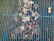A collection of debris is trapped under a series of blue metal bars which are part of a grate. Various types of trash, including plastic bottles, cups, and other refuse, are visible. The debris appears to be accumulating in a water drainage system.