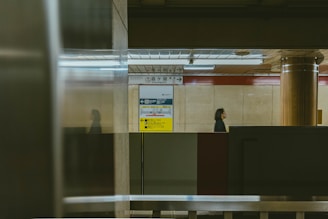 A subway station corridor features signs with Japanese text and directional arrows. A woman walks past, partially reflected in a glass surface. The scene is characterized by muted colors and a quiet, reflective atmosphere.