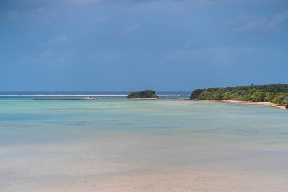 a sandy beach with a small island in the distance