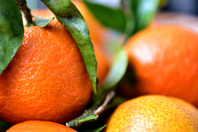 A close-up shot of fresh oranges with textured skin and green leaves attached. The focus is on the vibrant orange color and the intricate details of the fruit's surface.