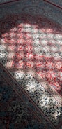 Intricate Persian carpet featuring a rich pattern of floral and geometric designs. The carpet predominantly showcases red and blue hues with detailed ornamentation in white and gold tones. Natural sunlight casts soft shadows across the surface, enhancing the texture and colors.