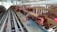 Several brown chickens are inside a poultry farm, positioned in a row along feeding troughs. They are pecking at the feed that is placed in a long blue trough, with wooden partitions separating each bird. The environment is structured with metal and wood, and the farm is under a roof with natural light visible at the far end.