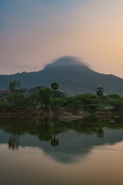 A serene mountain landscape with soft natural light filtering through forest trees, reflecting calm strength.