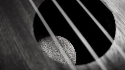 a black and white photo of an acoustic guitar
