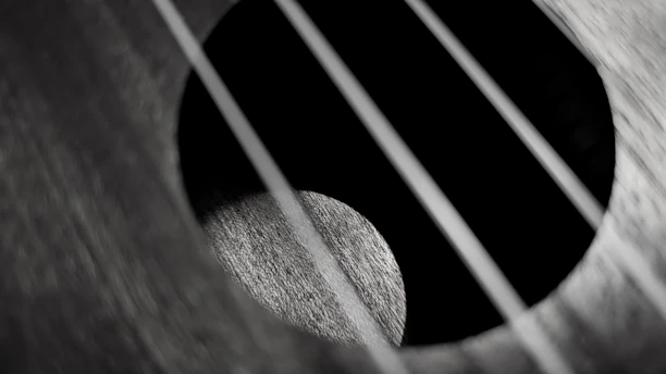 a black and white photo of an acoustic guitar