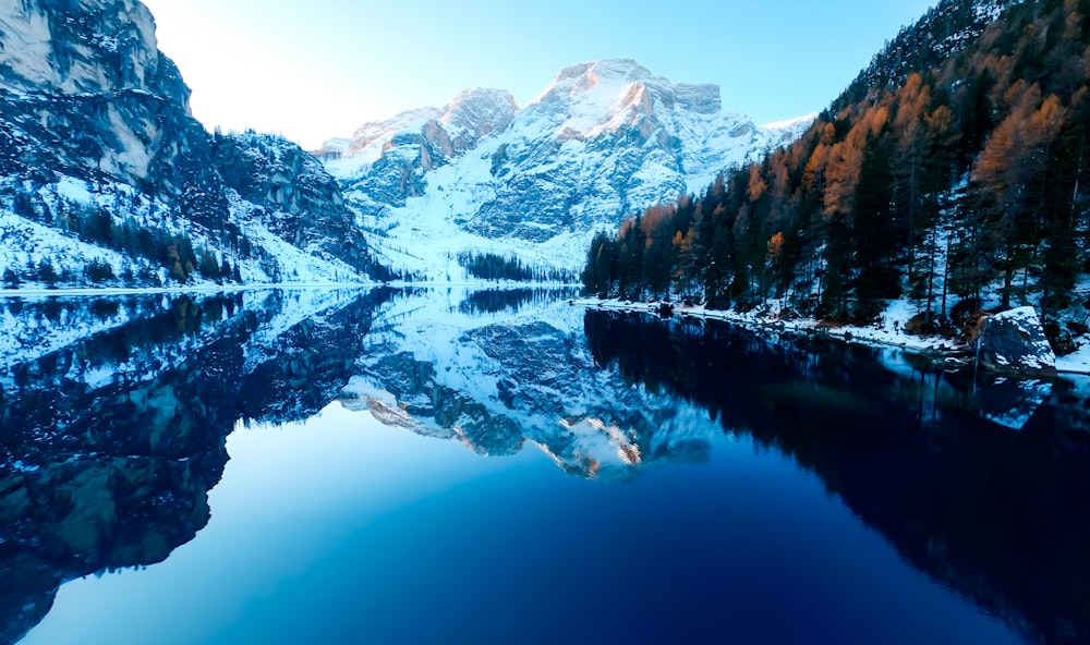 a mountain lake surrounded by snow covered mountains
