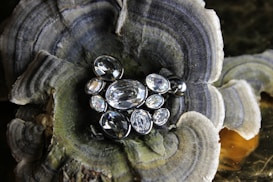 An arrangement of multiple clear gemstones of varying shapes and sizes set in a metallic frame, placed on a textured surface resembling a natural mineral formation with concentric patterns.