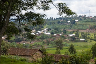 A rural landscape with scattered houses and abundant greenery. The scene is framed by trees in the foreground, offering a view of the lush countryside. Rolling hills and small dwellings composed of earthen roofs create a picturesque village setting under a cloudy sky.