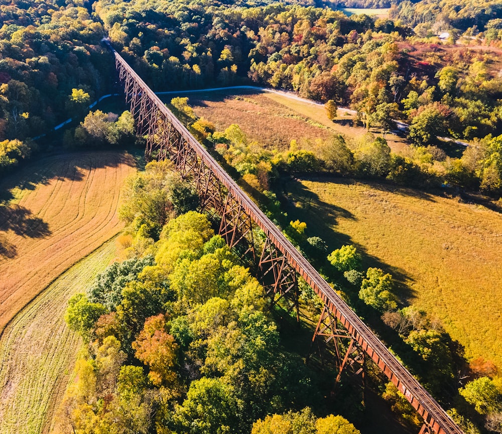 an aerial view of a train going over a bridge