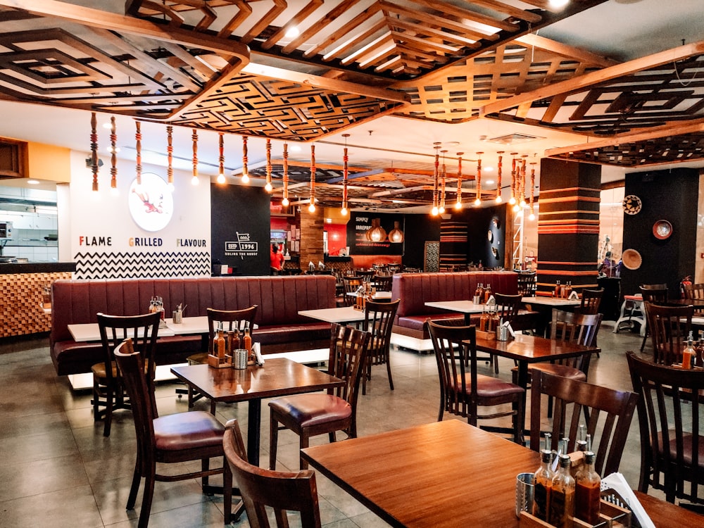 a restaurant filled with wooden tables and chairs