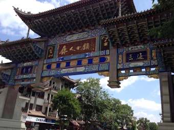 An intricately designed traditional Chinese archway with ornate patterns and calligraphy. The structure is decorated with vibrant blue, green, and gold colors, surrounded by lush green trees and traditional Chinese architecture in the background.