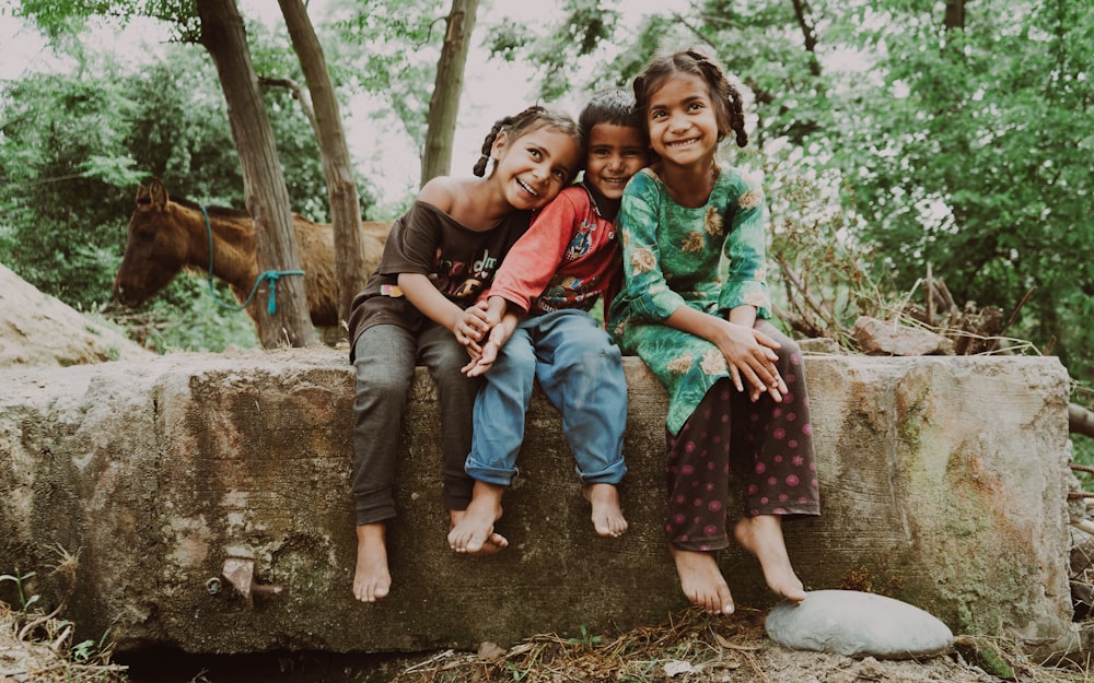 three children are sitting on a rock in the woods