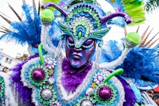 a man in a colorful costume with feathers on his head