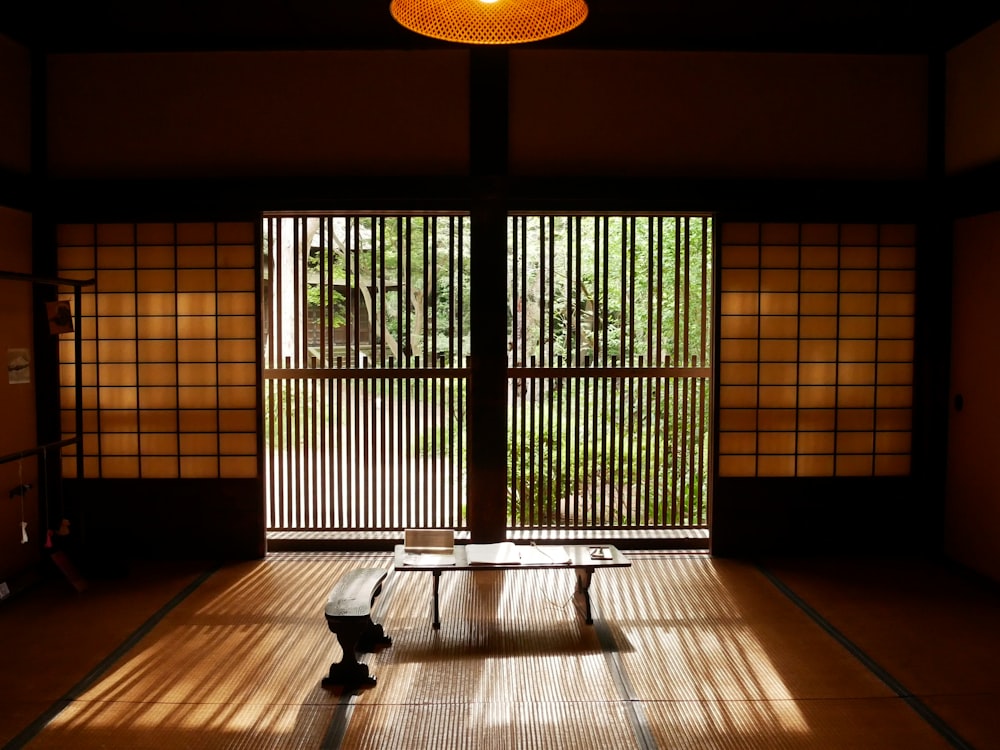 a room that has a bench in it