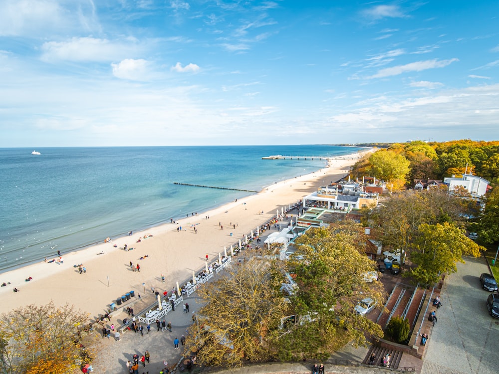 an aerial view of a beach with people walking on it