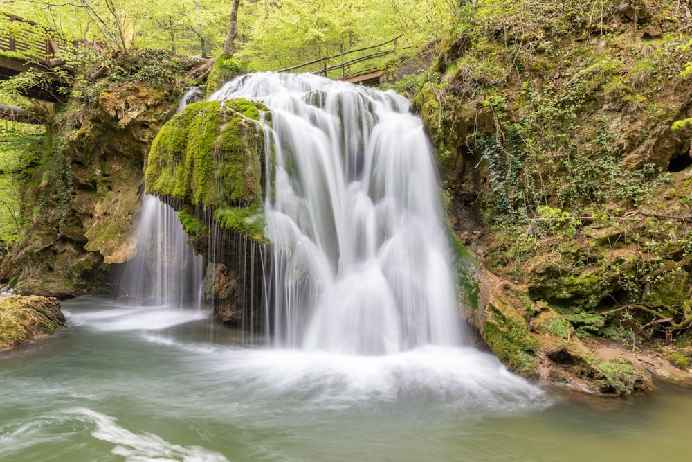 a small waterfall in the middle of a forest