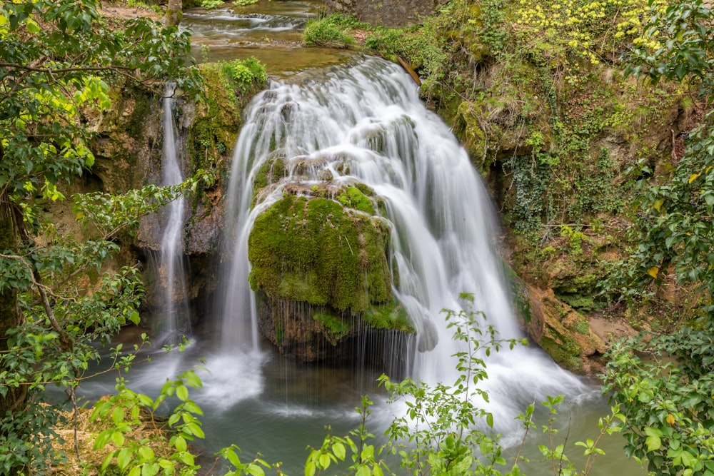 a small waterfall in the middle of a forest