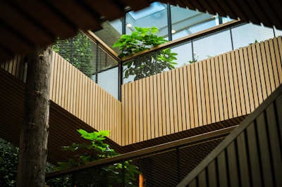 An interior space featuring wooden architectural elements with slatted walls and railings. Green foliage adds a natural touch, with large plants appearing on both levels. Natural light filters through a skylight above, creating a serene atmosphere.