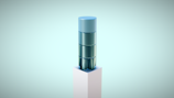 A stylized 3D-rendered object resembling stacked translucent cylinders in varying shades of blue and green, positioned vertically on a white pedestal against a light teal background.