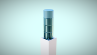 A stylized 3D-rendered object resembling stacked translucent cylinders in varying shades of blue and green, positioned vertically on a white pedestal against a light teal background.