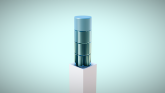 A stylized 3D-rendered object resembling stacked translucent cylinders in varying shades of blue and green, positioned vertically on a white pedestal against a light teal background.