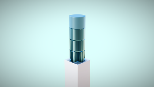 A stylized 3D-rendered object resembling stacked translucent cylinders in varying shades of blue and green, positioned vertically on a white pedestal against a light teal background.