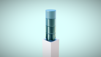 A stylized 3D-rendered object resembling stacked translucent cylinders in varying shades of blue and green, positioned vertically on a white pedestal against a light teal background.
