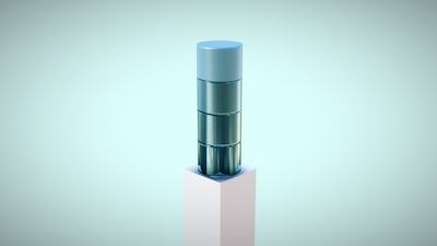 A stylized 3D-rendered object resembling stacked translucent cylinders in varying shades of blue and green, positioned vertically on a white pedestal against a light teal background.