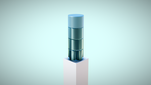 A stylized 3D-rendered object resembling stacked translucent cylinders in varying shades of blue and green, positioned vertically on a white pedestal against a light teal background.
