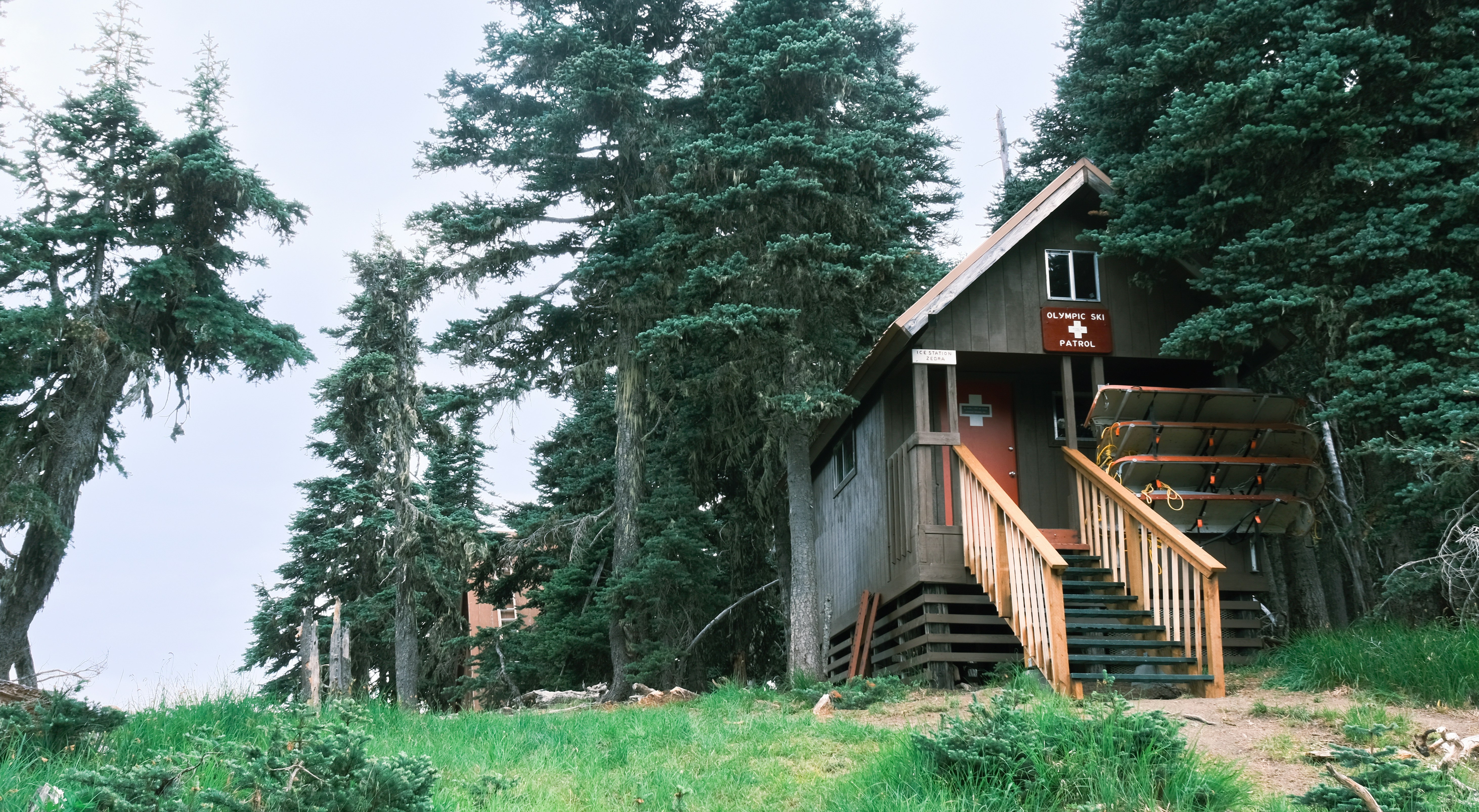 a cabin in the woods with stairs leading up to it