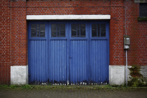 A pair of large blue wooden doors set into a red brick wall, featuring rectangular windows at the top. The surrounding brickwork shows some signs of weathering, and there is a small patch of green moss growing at the base of the wall. An electrical meter is mounted on the right side near the door.