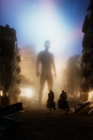 A towering alien woman with glowing eyes standing over a retro cityscape at twilight.