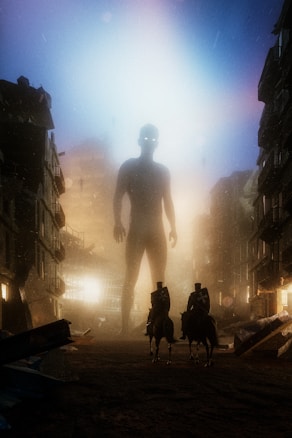 A large humanoid figure with glowing eyes stands towering amidst ruined buildings. Two figures on horseback, dressed in dark attire, appear in the foreground, seemingly observing the giant. The scene is enveloped in a misty, dimly lit atmosphere, suggesting a post-apocalyptic or fantasy setting.