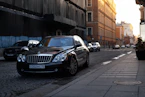 A sleek black luxury sedan parked in front of a historic Rajasthan palace at sunset.