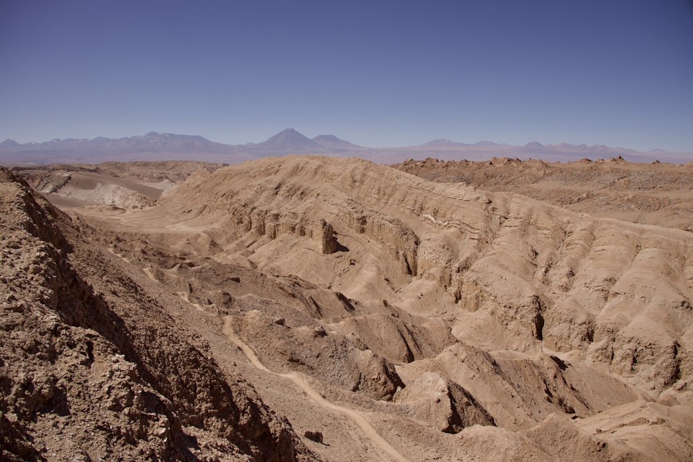 a view of a desert with mountains in the distance