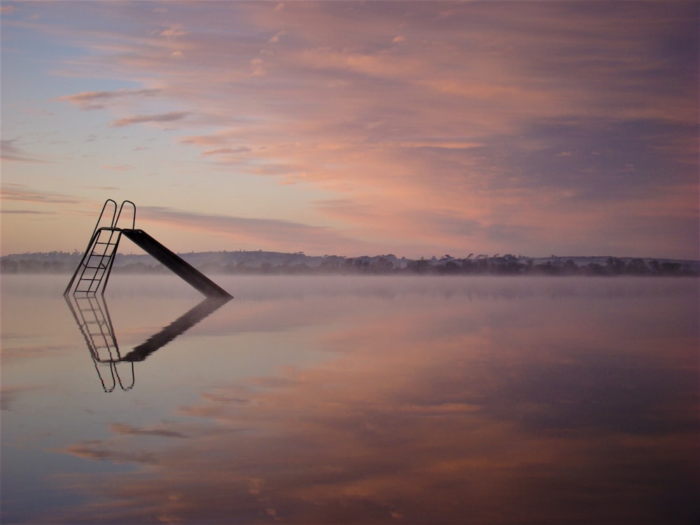 a ladder sitting in the middle of a lake