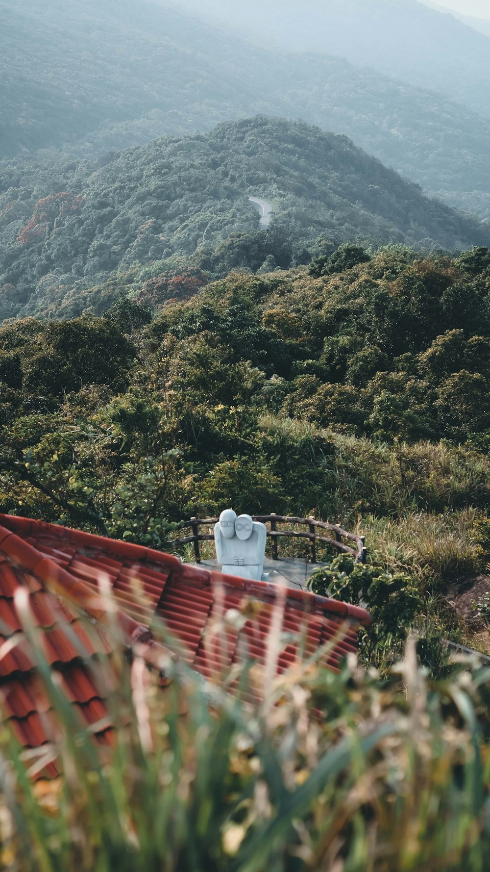 a view of a mountain with a red roof