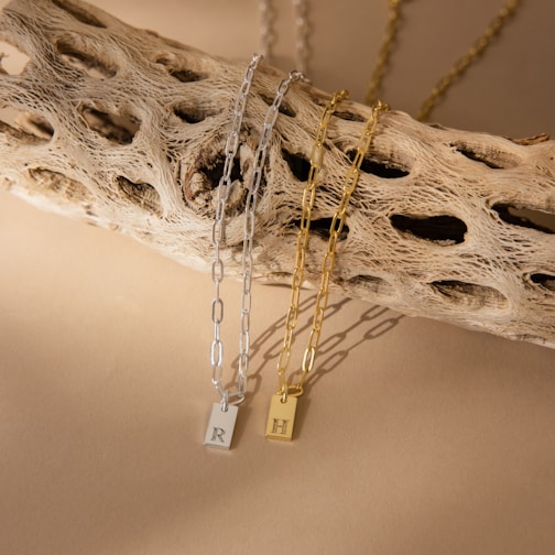 Two necklaces, one silver and one gold, hang elegantly over a textured, dried piece of wood with a series of holes. Each necklace features a rectangular pendant engraved with a letter. The scene is set against a neutral beige background, creating a warm, earthy ambiance.