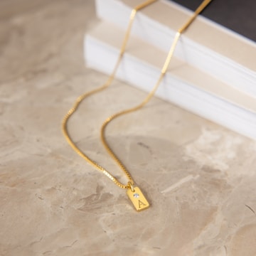A personalized necklace with a name engraved.