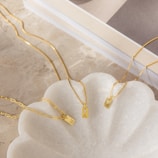 Three gold necklaces with initial pendants are elegantly displayed on a light-colored, shell-shaped dish. They sit on a marble surface beside a book with a beige cover. The pendants feature the letters 'H', 'A', and another indistinct letter, each attached to slim gold chains.