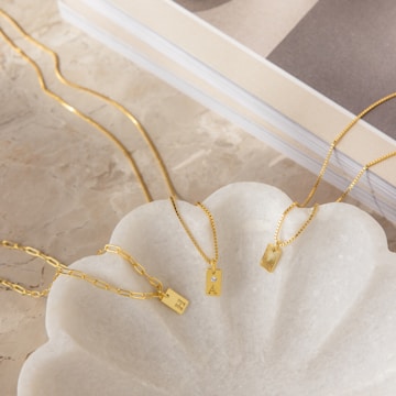 Three gold necklaces with initial pendants are elegantly displayed on a light-colored, shell-shaped dish. They sit on a marble surface beside a book with a beige cover. The pendants feature the letters 'H', 'A', and another indistinct letter, each attached to slim gold chains.