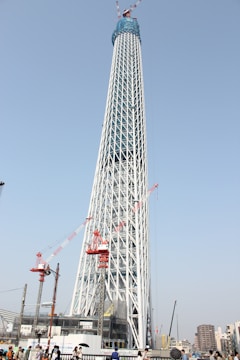 A tall modern tower under construction with a lattice structure, surrounded by cranes. The lattice is white with areas covered in blue tarpaulin, and several red cranes are working on different levels. There are some buildings in the background as well as people walking around the construction area.