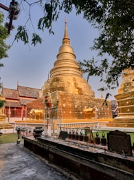 a large golden building sitting next to a lush green field
