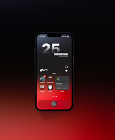 A smartphone with a dark screen is displayed against a gradient black and red background. The screen shows the date '25' in large numbers, with 'Dienstag' written below, indicating it is a Tuesday. The weather widget shows 4°C with a cloud and sun icon. Several app icons and widgets are visible, including a calendar for April 2023, a music or volume control icon, and other apps labeled for shopping and photography.