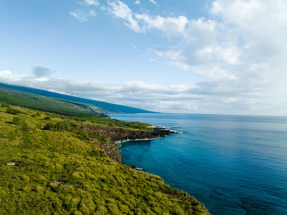 a lush green hillside next to a body of water