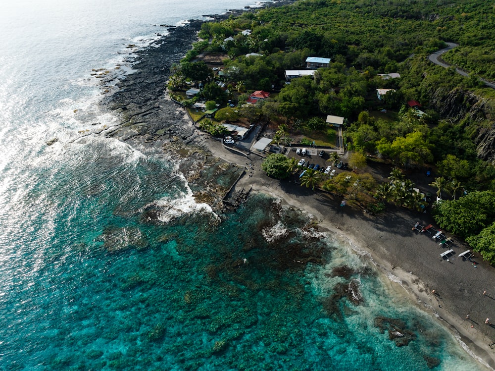 an aerial view of the ocean and a beach